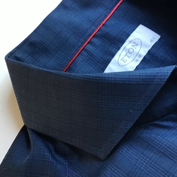 ETON slim dark blue checkered shirt Sz 16.5 made in Europe - Picture 5 of 9